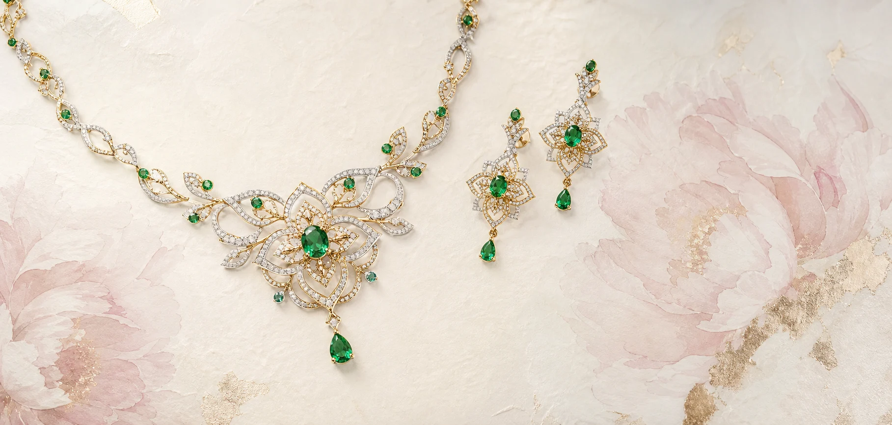 Emerald jewelry arranged on a pale botanical backdrop
